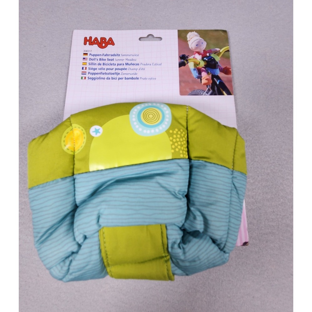 HABA Doll Bike Seat Carrier, Green/Blue Fabric, Age 1.5+.  Play. Pretend